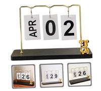 OSALADI Creative Perpetual Desk Calendar with Rustic Wooden Base and Black Gold Metal Bear Design Flip Page Display for Home Office Decoration and Housewarming Gift