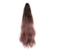 OSALADI Long Wavy Gradient Color Ponytail Wig for Women with Invisible Small Claw Clip, Deep Brown to Pink Ombre Hairpiece, Large Curl Hair Extension for Fashion and Cosplay