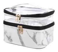 OSALADI Portable White Marble PVC Double-Layer Cosmetic Bag with Handle, Travel Skincare Storage Pouch for Toiletries and Makeup Organizer