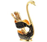 OSALADI Swan Base Coffee Scoop Holder Set with 6 Black and Gold Medium Metal Dessert Spoons for Coffee, Cake, and Fruit - Restaurant Teaspoons with Spoon Rest for Kitchen and Dining