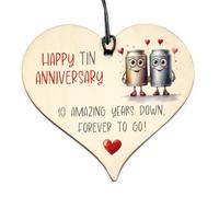 Oscar Finks 10th Anniversary Wooden Heart Hanging Plaque, 100 x100mm Tin Wedding Keepsake, Romantic Decoration for Couples #1926