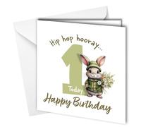 Oscar Finks 1st Birthday Card, Boy or Girl, Hip Hop Hooray Bunny Rabbit Design, Blank Inside, 350gsm Card #1821