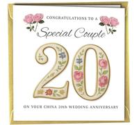 Oscar Finks 20th Wedding Anniversary Card China, 'To a Special Couple' Congratulations Blank Inside Metallic Gold Envelope Unique Elegant Floral Design 400gsm Thick Card #1874