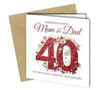 Oscar Finks 40th Ruby Wedding Anniversary Card for Parents, for Mum & Dad, Ruby Red Floral Design, 350gsm Card #1822