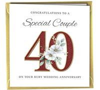 Oscar Finks 40th Ruby Wedding Anniversary Card, Unique Design, 'To a Special Couple' Congratulations Blank Inside Metallic Gold Envelope 400gsm Thick Card, Made in the UK #1871