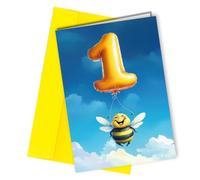 Oscar Finks Baby's 1st Birthday Card, Cute Bumble Bee Balloon Design, 350gsm thick Card, Blank Inside, Recyclable #1693