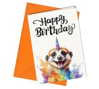 Oscar Finks Children's Unisex Birthday Card, Funny Greeting, Meerkat with Unicorn Horn Colourful Design, Blank Inside #1679