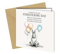 Oscar Finks Christening Greeting Card, Boy or Girl, Blank Inside, Unique Design, Sustainable Cardstock, Recyclable, with Cute Poem Hare with Balloons #1661
