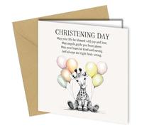 Oscar Finks Christening Greeting Card, Boy or Girl, Blank Inside, Unique Design, Sustainable Cardstock, Recyclable, with Cute Poem, Baby Giraffe with Balloons #1666