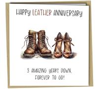 Oscar Finks Funny 3rd Leather Anniversary Card for Husband Wife Partner, Unique Design, 'Happy Leather Wedding 3 Years down Forever to Go' Cute Couple #1728