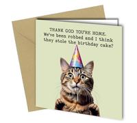 Oscar Finks Funny Birthday Card from the cat, Cat with Party Hat eating cake, Thank God you're home, Blank Inside #1788