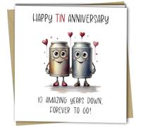 Oscar Finks Funny Cute 10th Anniversary Card, Unique Design, 'Happy Tin Anniversary' 10 Years Down, Forever to Go #1734