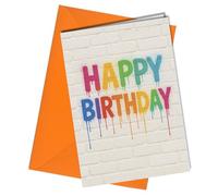 Oscar Finks Graffiti Style Birthday Card, A5 Size, Rainbow Drip Design on White Brick Wall, with orange envelope blank inside #1912