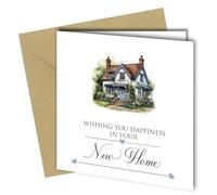 Oscar Finks New Home Card, Watercolour Cottage Design, Blank Inside, 350gsm Card with Kraft Envelope #1830