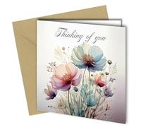 Oscar Finks Thinking of You Card, Loss of Family, Friend or Pets, Dog, Cat, Watercolour Floral Design, with Kraft Envelope, Blank Inside, 350gsm Thick card #1846
