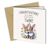 Oscar Finks Twins Congratulation Greeting Card, New born twins, Blank Inside, Unique Design, Recyclable, 'Congratulations on the Arrival of Your Beautiful Twins' with Baby Rabbits Image #1670