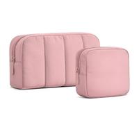 oscaurt 2 Pcs Makeup Bag Travel Toiletry Bag for Women Puffy Padded Cosmetic Pouch Purse Wide-open Makeup Organizer Case Travel Essentials, Deep Pink, Stylish