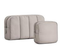 oscaurt 2 Pcs Makeup Bag Travel Toiletry Bag for Women Puffy Padded Cosmetic Pouch Purse Wide-open Makeup Organizer Case Travel Essentials, Camel