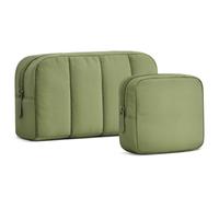 oscaurt 2 Pcs Makeup Bag Travel Toiletry Bag for Women Puffy Padded Cosmetic Pouch Purse Wide-open Makeup Organizer Case Travel Essentials, Army Green, Stylish