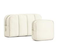 oscaurt 2 Pcs Makeup Bag Travel Toiletry Bag for Women Puffy Padded Cosmetic Pouch Purse Wide-open Makeup Organizer Case Travel Essentials, Beige, Stylish