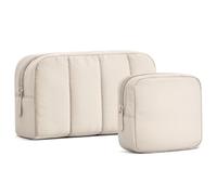 oscaurt 2 Pcs Makeup Bag Travel Toiletry Bag for Women Puffy Padded Cosmetic Pouch Purse Wide-open Makeup Organizer Case Travel Essentials, Khaki, Stylish