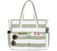 oscaurt Beach Bags for Women Large Waterproof Sandproof Beach Tote Swim Pool Bag with Zipper for Travel Vacation Essentials, Green Stripe, L, Tote Bag