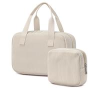 oscaurt Makeup Bag 2Pcs Cosmetic Bags Corduroy Skincare Organiser with Compartments Travel Toiletry Case Birthday Gifts for Women Girls (Beige)