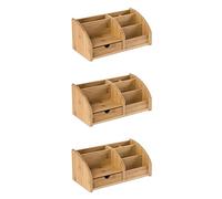 Osco Bamboo 6-Compartment & 1 Drawer Desk Organiser, 3 Pack Wooden Pen & Stationery Holder, Makeup & Cosmetics Sorter, Office Desktop Storage, Slim Desk Tidy, No Assembly Required