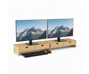 Osco Bamboo Monitor Stand Riser with 2 Drawers - 2 Pack Fully Assembled Sustainable MOSO Bamboo Desk Raiser for Computer or Laptop - Natural Wood Finish, 11×47×18 cm