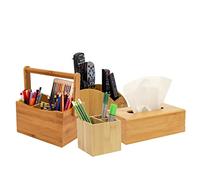 Osco - Bamboo Office Set | 4 Piece Set | Includes Tissue Box, Remote Organiser, Multi-Caddy & Pen Pot |