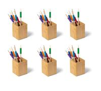 OSCO Bamboo Square Pen Pot, 6 Pack, Sustainable MOSO Desk Tidy and Office Organiser, Compact Pencil Holder for Workspace, Makeup Brushes and Cosmetics, 10.2 × 7.7 × 7.7 cm