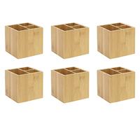 OSCO Bamboo Square Pen Pot with 3 Compartments - Natural Sustainable MOSO Bamboo Desk Organiser & Makeup Brush Holder - Wood Pencil Cup for Office, Home, Vanity - H10×W10.5×D10.5 cm, 6 Pack