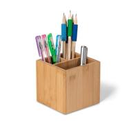 OSCO Bamboo Square Pen Pot with 3 Compartments, Natural Sustainable MOSO Desk Organiser and Makeup Brush Holder, Wood Pencil Cup for Office, Home or Vanity, H10 × W10.5 × D10.5 cm