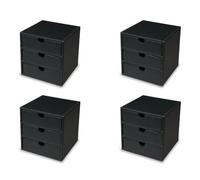 OSCO Black Faux Leather 3 Drawer Chest | 4 Pack | Small Item Storage | Stackable | Lego Container | Makeup Container | Jewellery Box | Stationery Organiser | Not A4 Size | H18.2 x W17 x D17 cm |