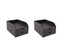 OSCO Brown Faux Leather 2 Tier Sorter with Letter Tray | 2 Pack | A4 | Drawers | Desk Tidy | Document Storage | Paperwork Organiser | File Holder | 35 x 25 x 18.5 cm