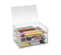 OSCO Clear Acrylic 3 Drawer Chest with Flip-Up Lid, Compact Storage Box for Makeup, Jewellery and Office Supplies, High-Grade Construction, Non-Slip Resin Feet, Home and Office Organisation
