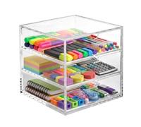 OSCO Clear Acrylic Cube - 3 Drawer Small Item Storage, Stationery Items, Stackable Compact Organiser for Lego, Makeup and Jewellery - 16.5 x 16.5 x 16.5cm