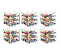 OSCO Clear Acrylic Cube 6 Pack - 3 Drawer Small Item Storage, Stackable Compact Organiser for Brick Sorter, Makeup and Jewellery - 16.5cm x 16.5cm (6.5 x 6.5 Inch)