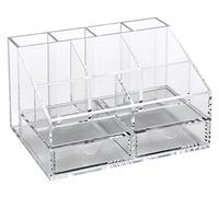 OSCO Small Clear Acrylic Desk Organiser | 9 Compartments Plus 2 Drawers | Office Tidy | Stationery Storage | Pen Holder | Makeup sorter | Cosmetics Display | H10 x W16.5 D12 cm