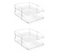 OSCO Clear Acrylic Double Letter Tray 2 Pack, 4 Stackable Trays with Risers, A4 File Organiser, Paper Storage, Office Desk Document Sorter, Paperwork Filing, H15 x W25.5 x D35.5 cm