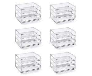 OSCO Clear Plastic 3 Drawer Chest, Transparent Desktop Storage Unit for Business Cards, Stationery or Cosmetics, Durable High-Grade Plastic, H11.4 × W16.5 × D12.2 cm, 6 Pack