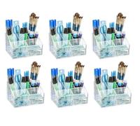 OSCO Clear Plastic Desk Organiser with 9 Compartments and 2 Drawers - Transparent Desktop Storage for Stationery, Makeup, Office and Home Workspace - H10 × W16.5 × D12 cm, 6 Pack