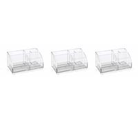 OSCO Clear Transparent Acrylic Desk Tidy Pen Pot, 7 Section Organiser with Pull-Out Drawer for Stationery, Cosmetics & Home Office Supplies, H12×W25×D13 cm, 3 Pack