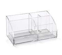 OSCO Clear Transparent Acrylic Desk Tidy Pen Pot, 7 Section Organiser with Pull-Out Drawer for Stationery, Cosmetics & Home Office Supplies, H12×W25×D13 cm
