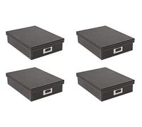 Osco Faux Leather A4 Document Storage Box with Lid, 4 Pack, Stackable Desk Paperwork Organiser for Files and Envelopes, Durable Filing Solution for Home or Office, 8.5×25×33.5 cm, Brown