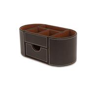OSCO Brown Faux Leather Desk Organiser with Drawer | Desk Tidy | Pen Holder | Makeup Container | Pencil Storage | 6 Compartments | Stationery Caddy | H10 x W23 x D12 cm |