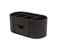 OSCO Black Faux Leather Desk Organiser with Drawer | Desk Tidy | Pen Holder | Makeup Container | Pencil Storage | 6 Compartments | Stationery Caddy | H10 x W23 x D12 cm |