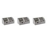 OSCO Grey Faux Leather Desk Organiser with Drawer | 3 Pack |Desk Tidy | Pen Holder | Makeup Container | Pencil Storage | 8 Compartments | Stationery Caddy | H14 x W29 x D14.5 cm |