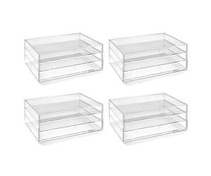 OSCO Landscape Clear Acrylic 3 Tier Paper Sorter 4 Pack, A4 Document Storage, Filing Drawers, Paperwork Organiser, Desk Tidy, Cosmetic Storage, Lego Sorter, Coffee Capsule Pods Holder