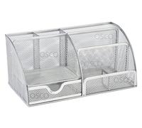 OSCO Large Wiremesh Desk Organiser, Metal Mesh Pen Pot Desk Tidy with 7 Compartments & Single Drawer, Desktop Stationery Storage for Office & Home, Silver